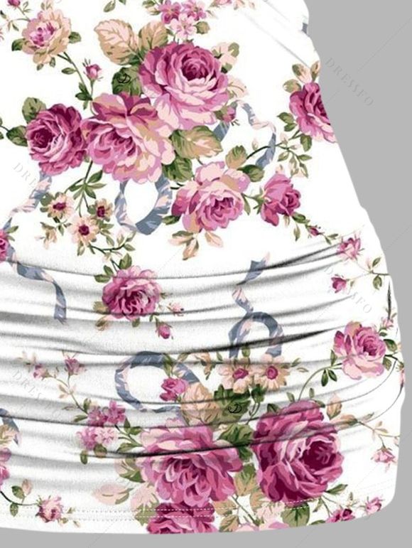 Débardeur de Vacances Papillon Fleuri Imprimé Croisé Superposé en Dentelle à Volants - Blanc XL | US 12