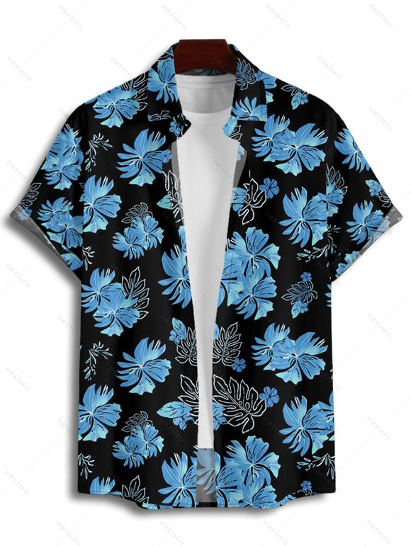 Chemise de Vacances Hawaïen Fleur et Feuille Tropicale Imprimées à Manches Courtes - Bleu gris M