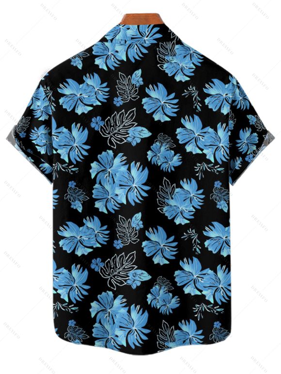 Chemise de Vacances Hawaïen Fleur et Feuille Tropicale Imprimées à Manches Courtes - Bleu gris M