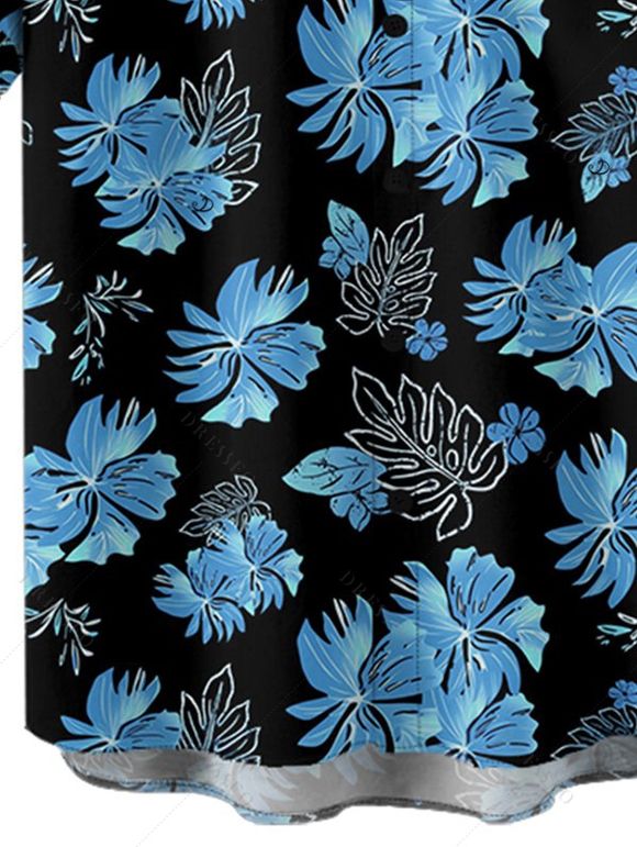 Chemise de Vacances Hawaïen Fleur et Feuille Tropicale Imprimées à Manches Courtes - Bleu gris M