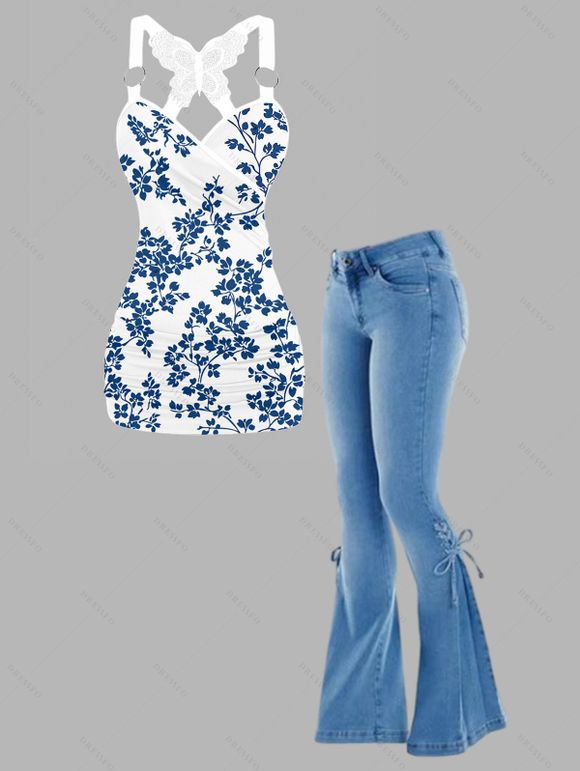 Vacation Outfit Allover Flower Print Butterfly Lace Ruched Tank Top and Lace Up Zipper Up Flare Jeans Casual Two Piece Outfit - Bleu Ciel S | US 4