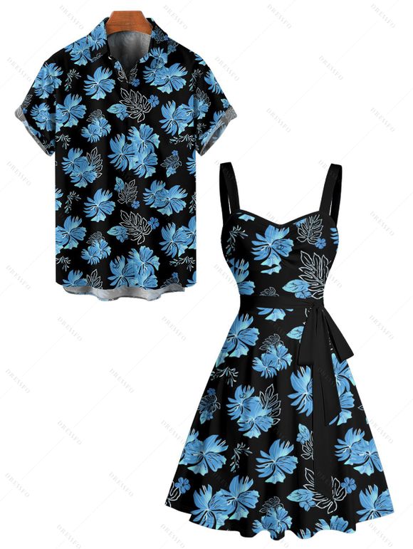 Tropical Flower Leaf Print Hawaii Vacation Belted Mini Dress And Short Sleeve Shirt Matching Outfit - Bleu gris S | US 2