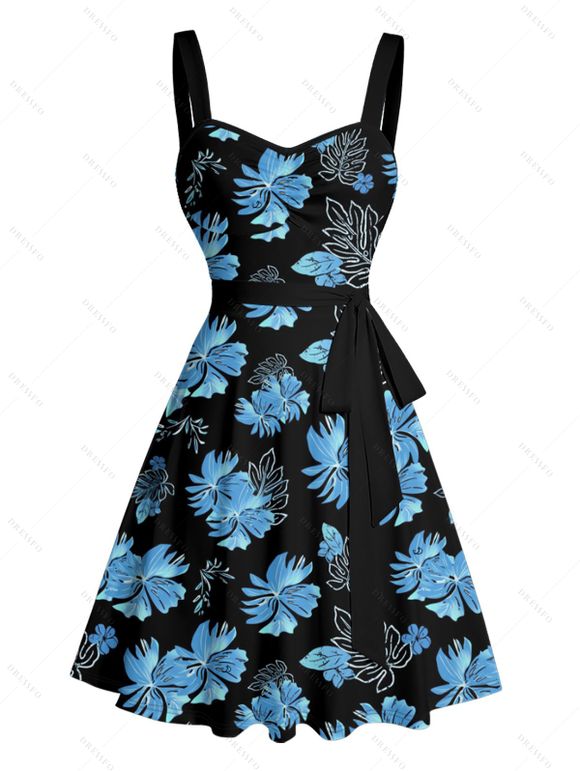 Tropical Flower Leaf Print Hawaii Vacation Belted Mini Dress And Short Sleeve Shirt Matching Outfit - Bleu gris S | US 2