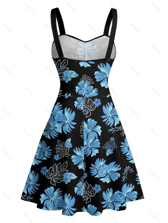 Tropical Flower Leaf Print Hawaii Vacation Belted Mini Dress And Short Sleeve Shirt Matching Outfit - Bleu gris S | US 2