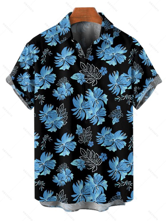 Tropical Flower Leaf Print Hawaii Vacation Belted Mini Dress And Short Sleeve Shirt Matching Outfit - Bleu gris S | US 2