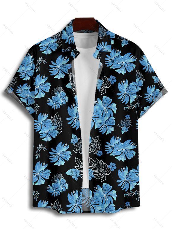Tropical Flower Leaf Print Hawaii Vacation Belted Mini Dress And Short Sleeve Shirt Matching Outfit - Bleu gris S | US 2