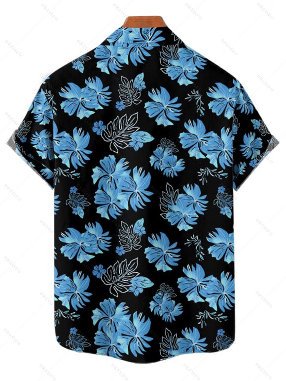 Tropical Flower Leaf Print Hawaii Vacation Belted Mini Dress And Short Sleeve Shirt Matching Outfit - Bleu gris S | US 2