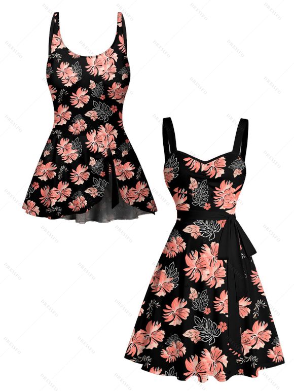 Vacation Outfit Allover Floral Print Bowknot Padded One Piece Swimsuit and Belt A Line Dress Two Piece Set - Noir S | US 4