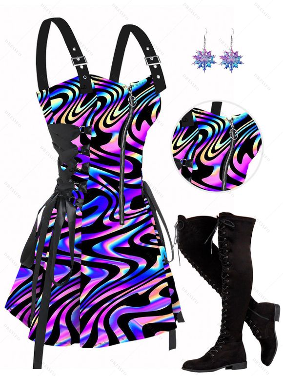 Music Festival Outfit Colorful Printed Buckle Strap Half Zipper Lace Up Dress and Solid Color Boots and Snowflake Earrings Outfit - multicolor S | US 4