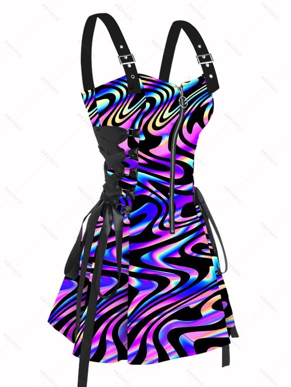 Music Festival Outfit Colorful Printed Buckle Strap Half Zipper Lace Up Dress and Solid Color Boots and Snowflake Earrings Outfit - multicolor S | US 4