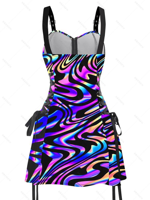 Music Festival Outfit Colorful Printed Buckle Strap Half Zipper Lace Up Dress and Solid Color Boots and Snowflake Earrings Outfit - multicolor S | US 4