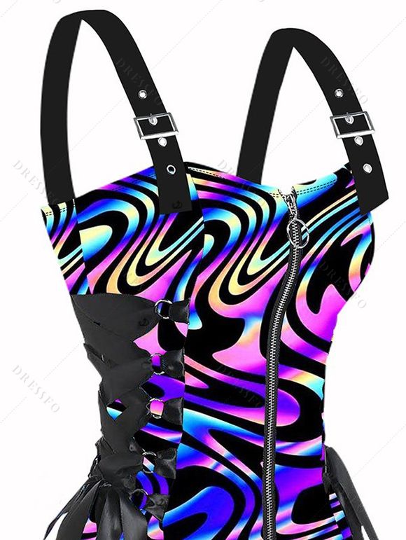 Music Festival Outfit Colorful Printed Buckle Strap Half Zipper Lace Up Dress and Solid Color Boots and Snowflake Earrings Outfit - multicolor S | US 4