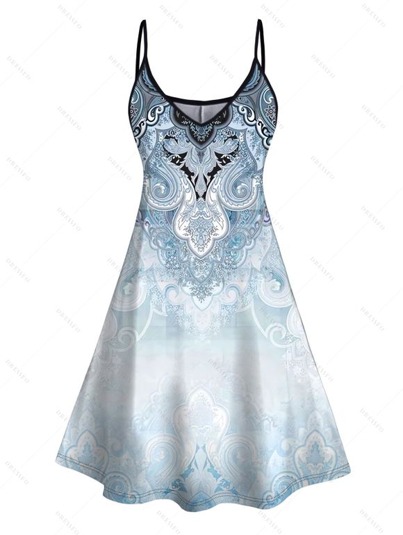 Robe D'Eté Ligne A Motif de Cachemire à Bretelle Fine à Col V - Bleu clair S | US 4