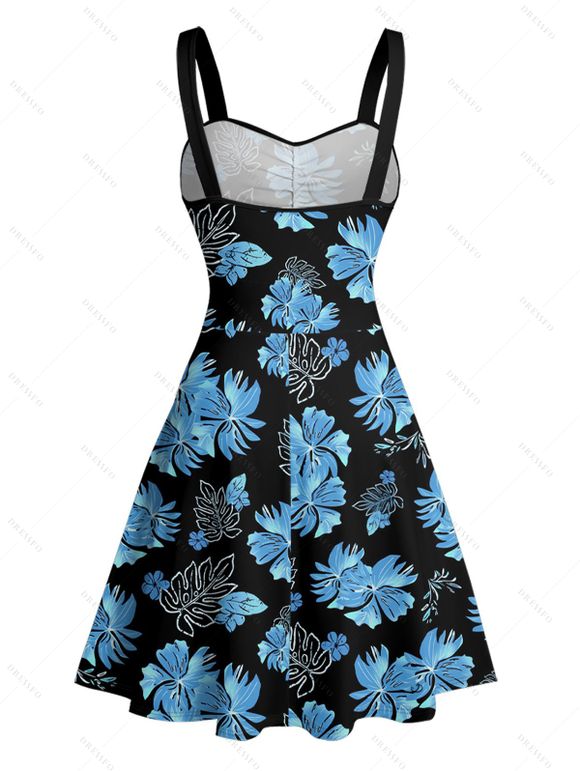 Mini Robe de Vacances Ceinturée Fleur Tropicale et Feuille Imprimées - Bleu gris XL | US 12