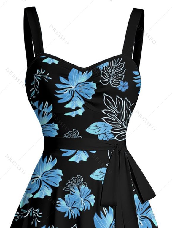 Mini Robe de Vacances Ceinturée Fleur Tropicale et Feuille Imprimées - Bleu gris XL | US 12
