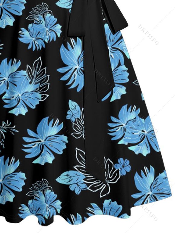 Mini Robe de Vacances Ceinturée Fleur Tropicale et Feuille Imprimées - Bleu gris XL | US 12