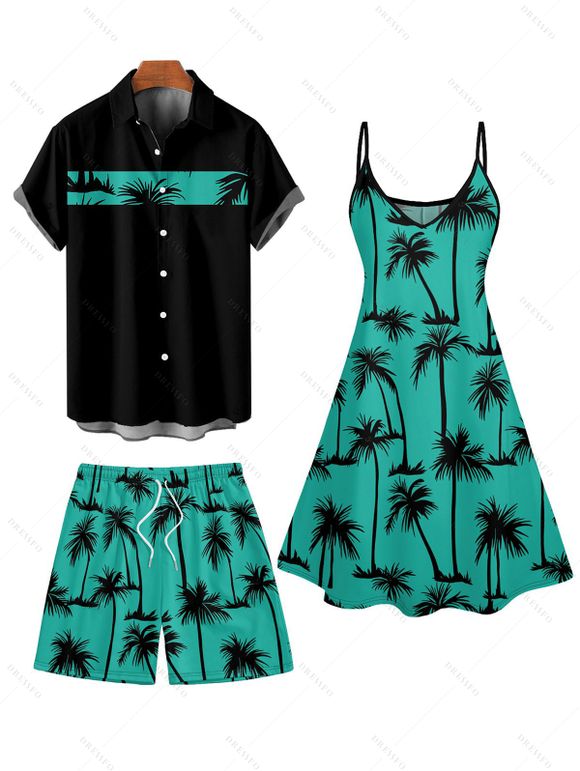 Vacation Style Palm Tree Printed Strapless Dress with Mens Short Sleeve Shirt and Mens Beach Pants Three Piece Set - Vert profond S | US 4