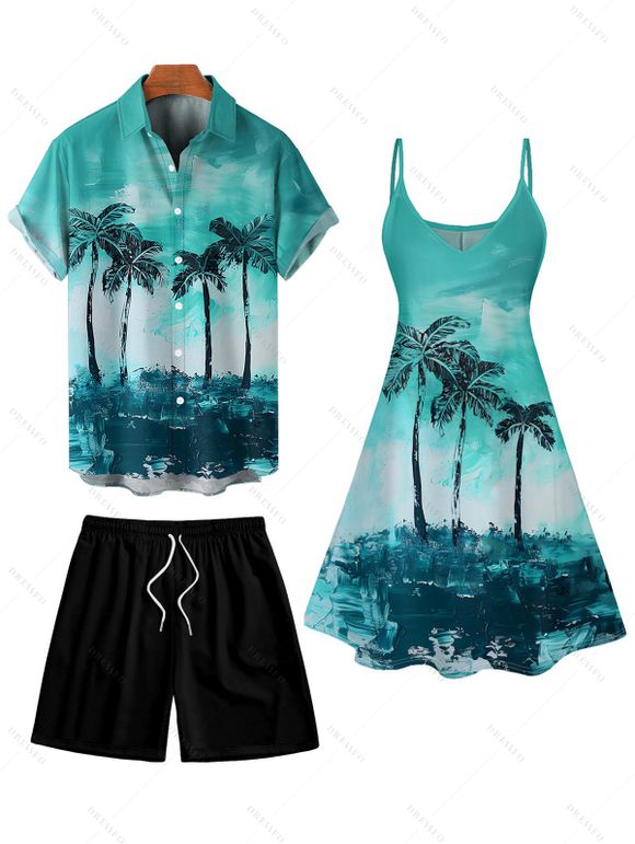 Vacation Style Coconut Printed Strapless Dress with Mens Short Sleeve Shirt and Mens Beach Pants Three Piece Set - Vert clair S | US 4