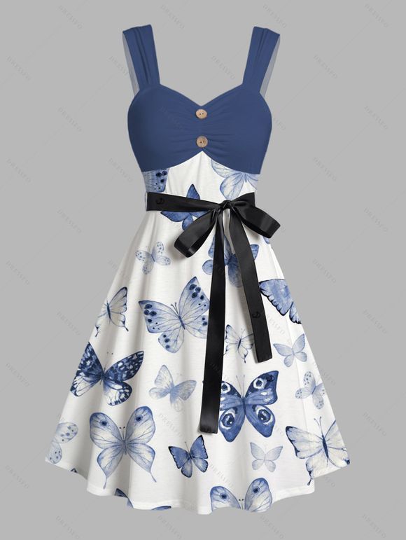 Robe de Vacances Ligne A en Couleur Contrastée à Taille Empire à Volants avec Bouton - Bleu de Minuit S | US 4