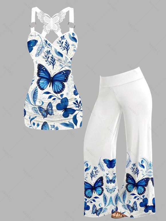 Blue Butterfly Print Ruched Pleated O-Ring Top With Wide Leg Pants Set - Blanc 