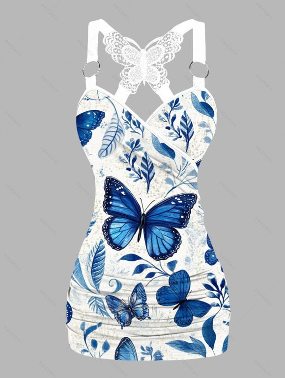 Blue Butterfly Print Ruched Pleated O-Ring Top With Wide Leg Pants Set - Blanc 