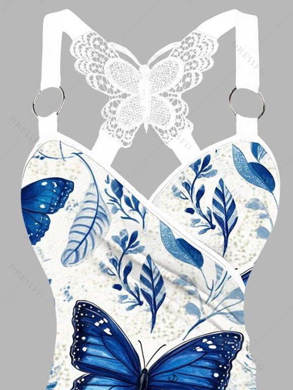 Blue Butterfly Print Ruched Pleated O-Ring Top With Wide Leg Pants Set - Blanc 
