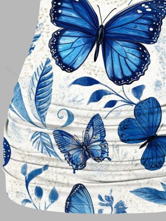 Blue Butterfly Print Ruched Pleated O-Ring Top With Wide Leg Pants Set - Blanc 