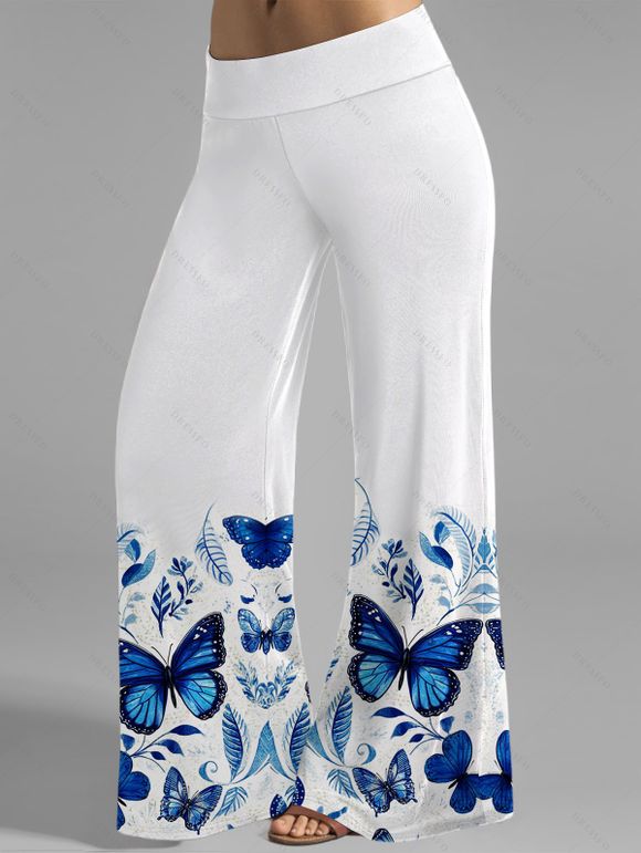 Blue Butterfly Print Ruched Pleated O-Ring Top With Wide Leg Pants Set - Blanc 