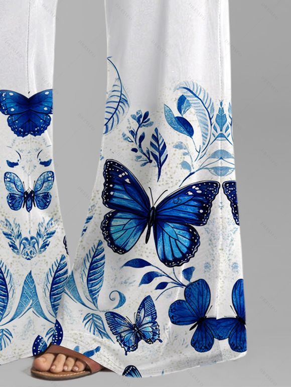 Blue Butterfly Print Ruched Pleated O-Ring Top With Wide Leg Pants Set - Blanc 