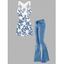 Vacation Outfit Allover Flower Print Butterfly Lace Ruched Tank Top and Lace Up Zipper Up Flare Jeans Casual Two Piece Outfit - Bleu Ciel S | US 4