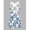 Vacation Outfit Allover Flower Print Butterfly Lace Ruched Tank Top and Lace Up Zipper Up Flare Jeans Casual Two Piece Outfit - Bleu Ciel S | US 4