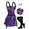 Music Festival Outfit Colorful Printed Buckle Strap Half Zipper Lace Up Dress and Solid Color Boots and Snowflake Earrings Outfit - multicolor S | US 4