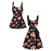 Vacation Outfit Allover Floral Print Bowknot Padded One Piece Swimsuit and Belt A Line Dress Two Piece Set - Noir S | US 4