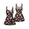 Vacation Outfit Allover Floral Print Bowknot Padded One Piece Swimsuit and Belt A Line Dress Two Piece Set - Noir S | US 4