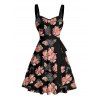 Vacation Outfit Allover Floral Print Bowknot Padded One Piece Swimsuit and Belt A Line Dress Two Piece Set - Noir S | US 4