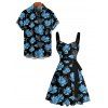 Tropical Flower Leaf Print Hawaii Vacation Belted Mini Dress And Short Sleeve Shirt Matching Outfit