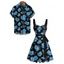 Tropical Flower Leaf Print Hawaii Vacation Belted Mini Dress And Short Sleeve Shirt Matching Outfit - Bleu gris S | US 2