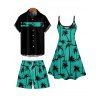 Vacation Style Palm Tree Printed Strapless Dress with Mens Short Sleeve Shirt and Mens Beach Pants Three Piece Set - Vert profond S | US 4