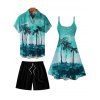 Vacation Style Coconut Printed Strapless Dress with Mens Short Sleeve Shirt and Mens Beach Pants Three Piece Set - Vert clair S | US 4