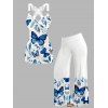 Blue Butterfly Print Ruched Pleated O-Ring Top With Wide Leg Pants Set - Blanc 