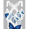 Blue Butterfly Print Ruched Pleated O-Ring Top With Wide Leg Pants Set - Blanc 