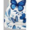 Blue Butterfly Print Ruched Pleated O-Ring Top With Wide Leg Pants Set - Blanc 