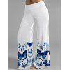 Blue Butterfly Print Ruched Pleated O-Ring Top With Wide Leg Pants Set - Blanc 