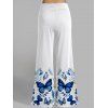 Blue Butterfly Print Ruched Pleated O-Ring Top With Wide Leg Pants Set - Blanc 