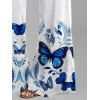 Blue Butterfly Print Ruched Pleated O-Ring Top With Wide Leg Pants Set - Blanc 