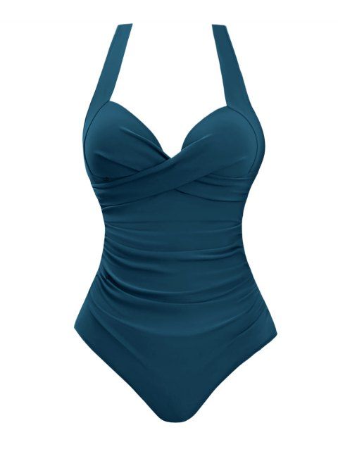 Solid Color Crossover Vacation One Piece Swimsuit Adjustable Strap Padded Beach Swimwear