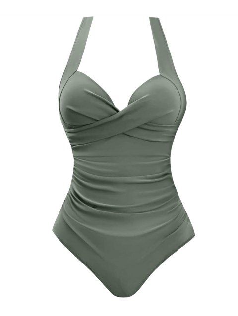 Solid Color Crossover Vacation One Piece Swimsuit Adjustable Strap Padded Beach Swimwear