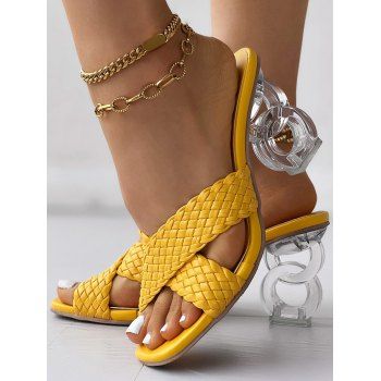 Solid Color Braid Crossover Square Toe Slip On Artificial Crystal Chunky Heel Trendy Sandals