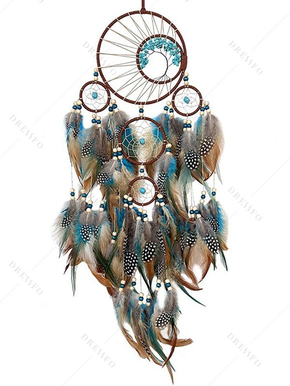 Attrape-Rêve Tendance à Sculpture Creuse Motif Plumes et Perles Turquoises Fantaisies Style Vintage Décor Maison - multicolor A 