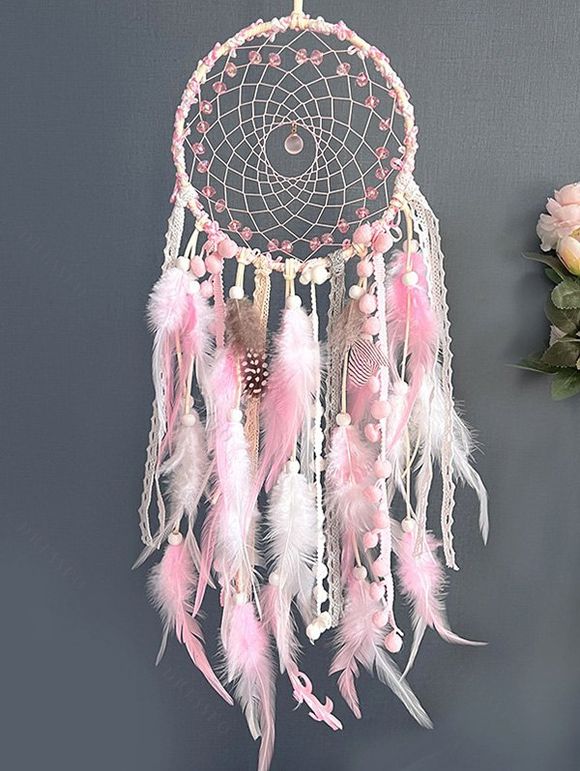 Attrape-Rêve Tendance à Suspendre Au Mur Motif Plumes et Perles Fantaisies Décor Maison - Rose clair 